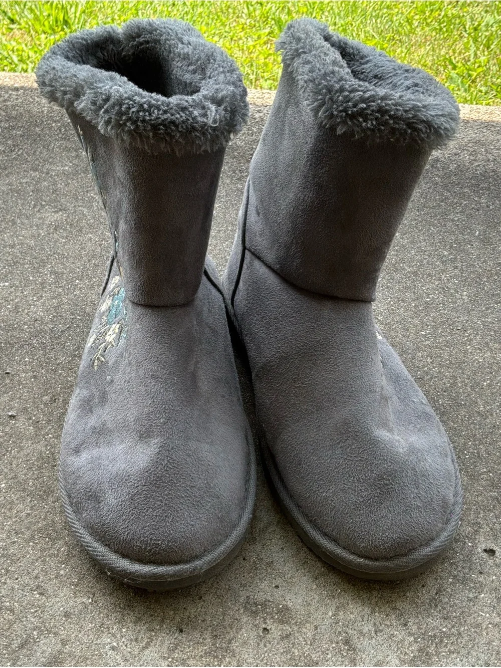 Women's Gray Floral Embroidered Faux-Suede Winter Boots
